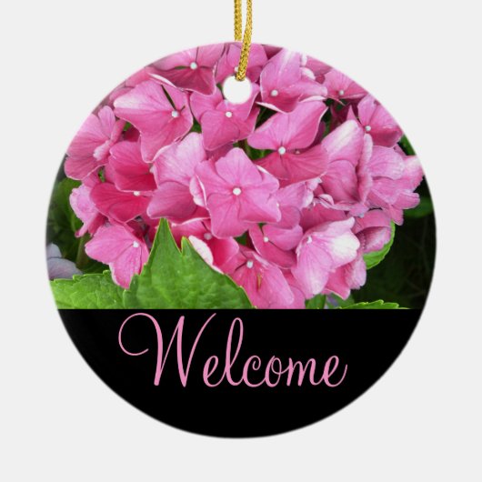 Roze hydrangea Welkomstdeurteken Keramisch Ornament (Voorkant)