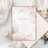 Roze Hydrangea's Elegante Gouden Trouw Uitnodiging