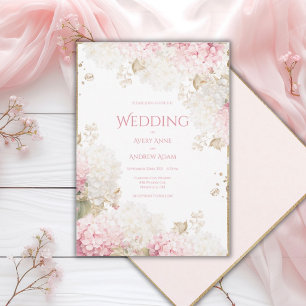 Roze Hydrangea's Elegante Gouden Trouw Uitnodiging