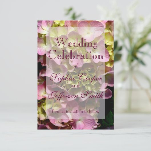 Roze Hydrangeas geel roze groen bloemen bruiloft Save The Date (Staand voorkant)