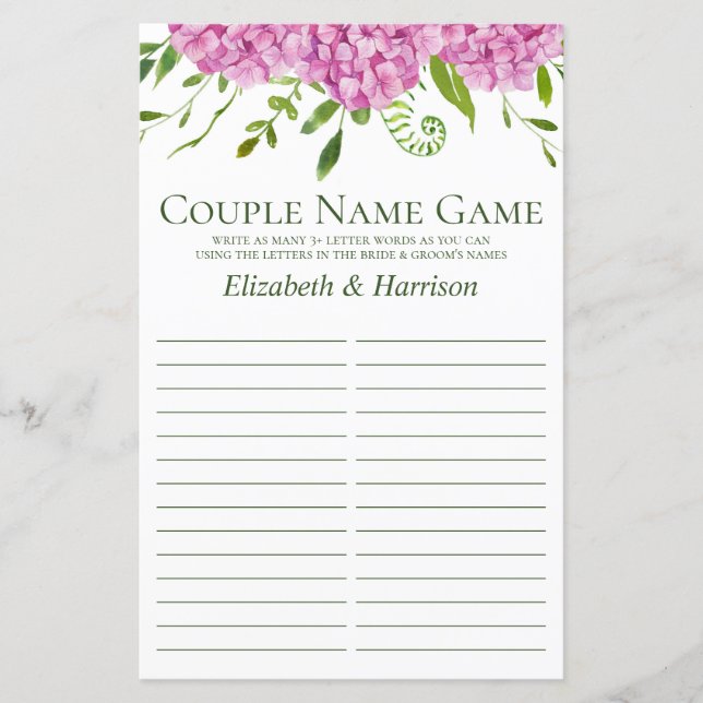 Roze hydrangeas Paar Name Shower Game (Voorkant)