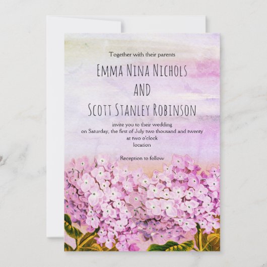 Roze hydrangeas waterverf trouwuitnodiging kaart (Voorkant)
