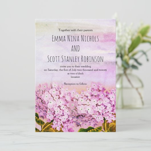 Roze hydrangeas waterverf trouwuitnodiging kaart (Staand voorkant)