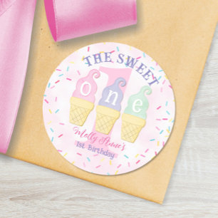 Roze Ice Cream Cone Polka Dots 1e verjaardag Meisj Ronde Sticker