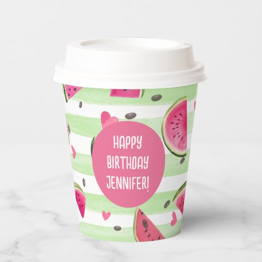 Roze in een meloen, Meisje Zomer 1e Verjaardag Papieren Bekers (Voorkant)