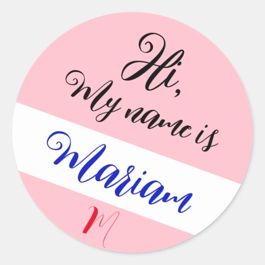 Roze (Initiaal Letter & Name) Hallo, mijn naam is Ronde Sticker (Voorkant)