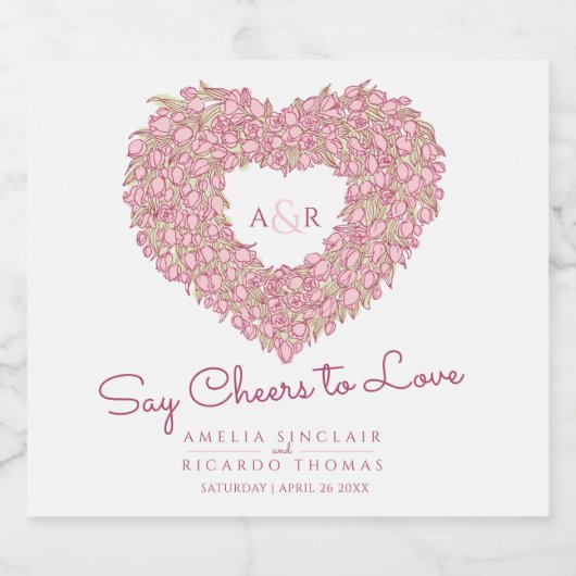 Roze inkt tulpenhart bouquet bruiloft sparkling wijnetiket (Enkel label)