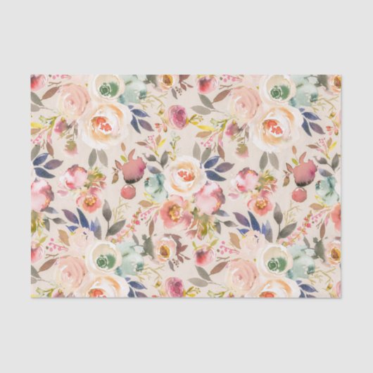 roze ivoor - bruine waterverf rustige florale  tissuepapier (Voorkant)