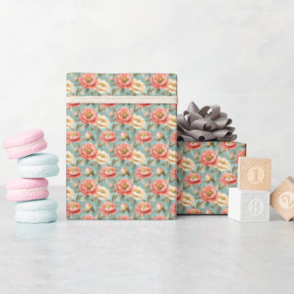 Roze & ivoorkleurige bloemen op turquoise cadeaupapier