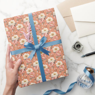 Roze & Ivoren pioenen op gedempt Sinaasappel Cadeaupapier