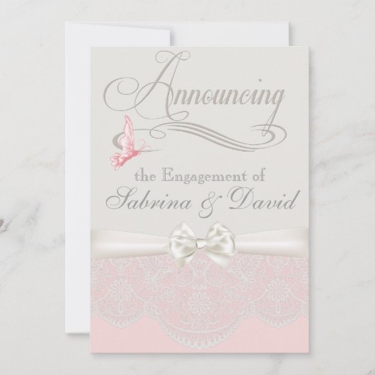 Roze & Ivoren Vlinders en Kant Verloving Aankondiging (Voorkant)