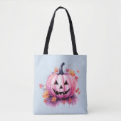 Roze Jack-O' Lantaarn Lichtblauw Halloween Draagtas (Voorkant)