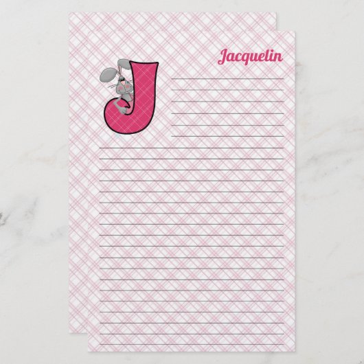 Roze Jackrabbit Mongram Letter J Lined Briefpapier (Voorkant / Achterkant)