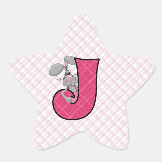 Roze Jackrabbit Monogram Letter J Gingham Ster Sticker (Voorkant)