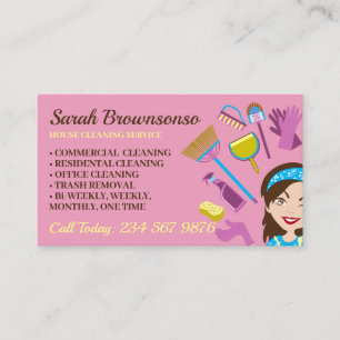 Roze Janitor Lady Cartoon Girl House Cleaning Visitekaartje