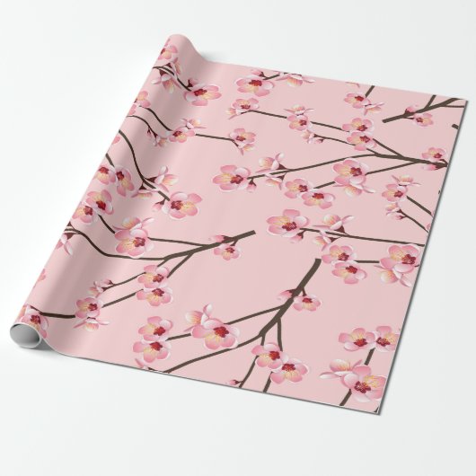 Roze Japans Sakura Bloom Branch Flower Pattern Cadeaupapier (Uitgerold)