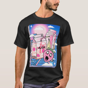 Roze Japanse Milkshake esthetische Kawaii Aardbeie T-shirt