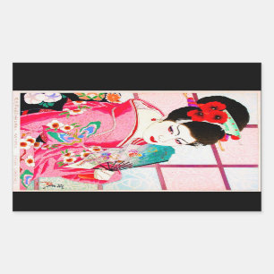 Roze japanse schoonheid Lady Geisha roze fan art Rechthoekige Sticker