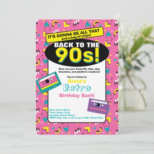 Roze jaren 90 uitnodiging (Staand voorkant)