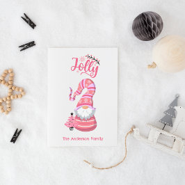 Roze Jolly Gnome Holiday Kaart – Aangepaste famili