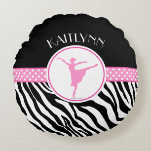 Roze Jouw naam Zebra Print Ballet Dancer Rond Kussen