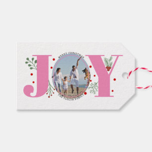 Roze Joy met kerstfoto voor bessen Cadeaulabel