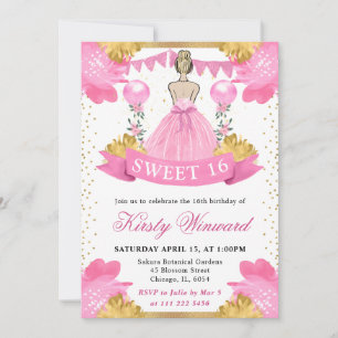 Roze jurk Blonde Prinses Sweet 16 Kaart