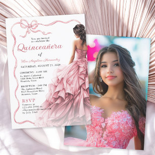 Roze jurk geschulpte lint boog Quinceañera foto Kaart