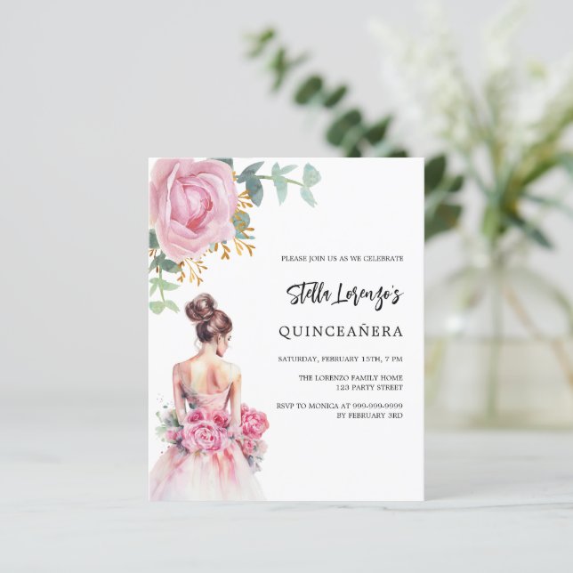 Roze jurk roos Quinceanera budget uitnodiging (Staand voorkant)