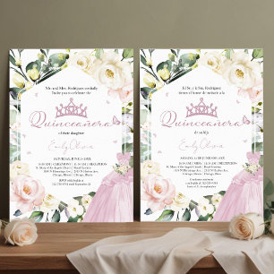 Roze Jurk Vlinder Bloem Quinceañera Tweetalig Kaart