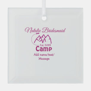 Roze kamp bruidsmeisje voeg naam datum jaar vrijge glas ornament