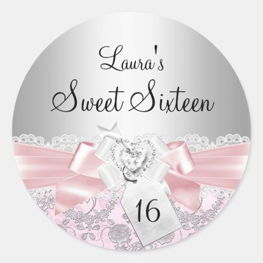 Roze Kant Bow & Floral Sweet 16 Sticker (Voorkant)
