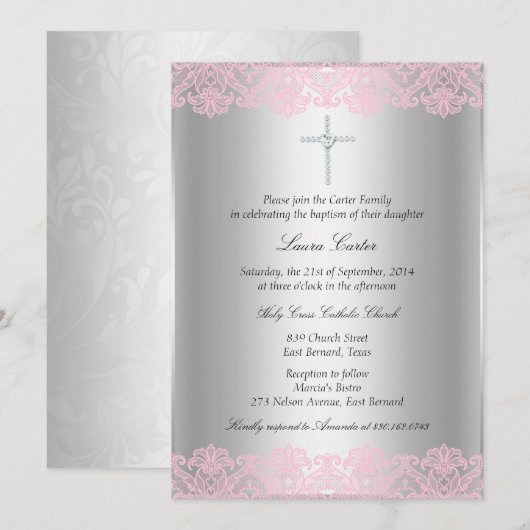 Roze kant & Cross Baptism/Christening Uitnodiging (Voorkant / Achterkant)