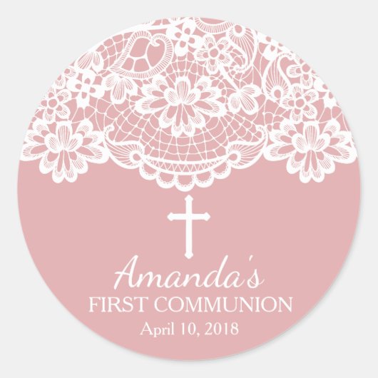 Roze  Kant Eerste Heilige Communie Sticker (Voorkant)