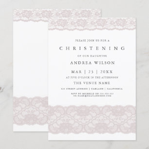 Roze kant Elegant Baby Girl Christening Invite Kaart