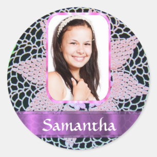 Roze kant foto achtergrond ronde sticker