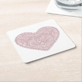 Roze kant liefdeshart vierkante kartonnen onderzetter (Schuin)