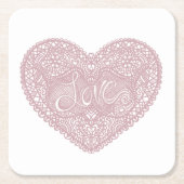 Roze kant liefdeshart vierkante kartonnen onderzetter (Voorkant)