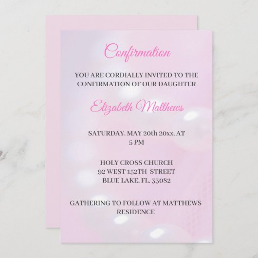 Roze Kant & Parels Bevestiging uitnodiging Meisje (Voorkant / Achterkant)