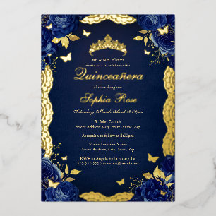 Roze Kant Vlinder Navy Quinceanera Verjaardag Folie Uitnodiging