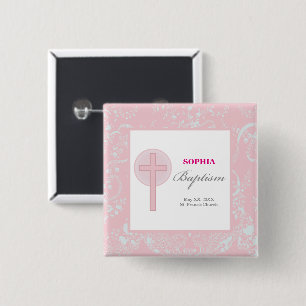 Roze Kanten Meisje Doop Vierkante Button 5,1 Cm