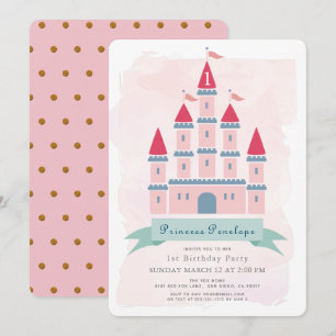 Roze Kasteel Prinses Meisje 1e verjaardag Kaart