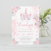 Roze kasteel prinses verjaardag meisje uitnodiging (Staand voorkant)
