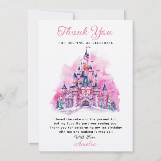 Roze Kasteel Waterverf 1e Verjaardag Dank u kaart (Voorkant)