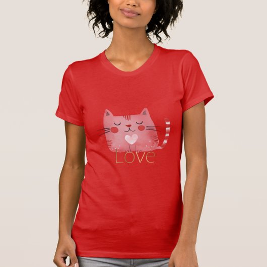 Roze Kat Hart Gouden Liefde T-shirt (Voorkant)
