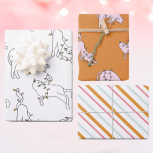 Roze Kat Kerstlicht Inpakpapier Vel