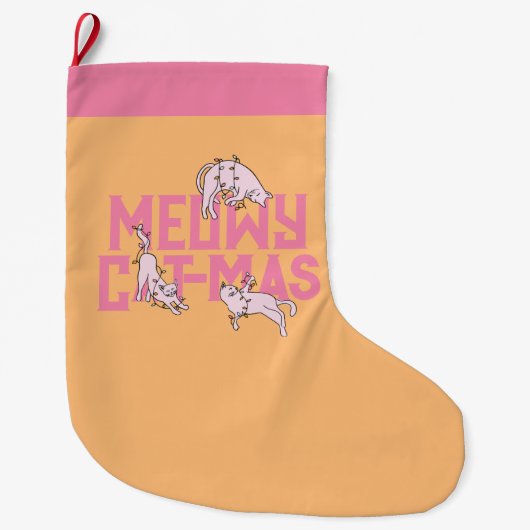 Roze Kat Meowy Kerstverlichting Stocking Grote Kerstsok (Voorkant)