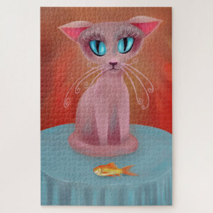 Roze kat met een goudvis op een blauwe tafel legpuzzel