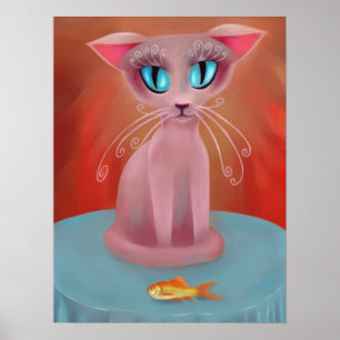 Roze kat met een goudvis op een blauwe tafelkaart poster