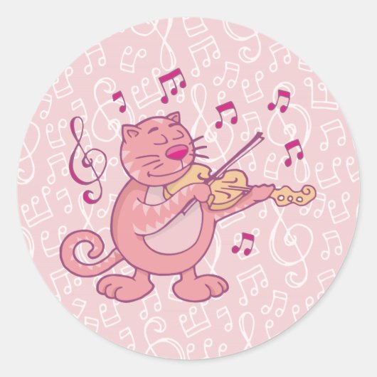 Roze kat met Violin Ronde Sticker (Voorkant)